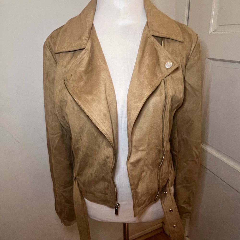 Faux Suede Tan Belted Moto Jacket